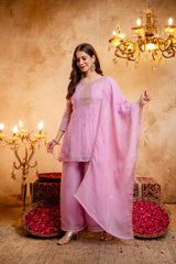 Women's Embroidered Crunchy Kurta Palazzo Set with Dupatta | 3/4 Sleeve Ethnic Party Wear Set