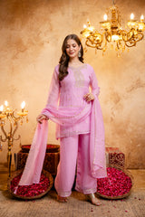 Women's Embroidered Crunchy Kurta Palazzo Set with Dupatta | 3/4 Sleeve Ethnic Party Wear Set