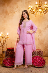 Women's Embroidered Crunchy Kurta Palazzo Set with Dupatta | 3/4 Sleeve Ethnic Party Wear Set