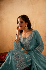 Women’s Embroidered Straight Kurta with Ghaghra Palazzo & Dupatta Set