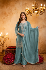 Women’s Embroidered Straight Kurta with Ghaghra Palazzo & Dupatta Set