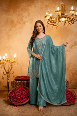 Women’s Embroidered Straight Kurta with Ghaghra Palazzo & Dupatta Set
