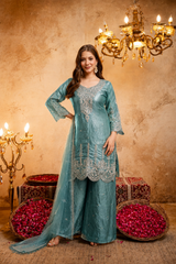 Women’s Embroidered Straight Kurta with Ghaghra Palazzo & Dupatta Set