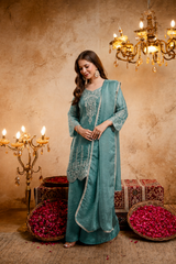 Women’s Embroidered Straight Kurta with Ghaghra Palazzo & Dupatta Set
