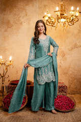 Women’s Embroidered Straight Kurta with Ghaghra Palazzo & Dupatta Set