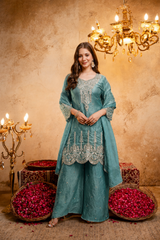 Women’s Embroidered Straight Kurta with Ghaghra Palazzo & Dupatta Set