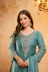 Women’s Embroidered Straight Kurta with Ghaghra Palazzo & Dupatta Set