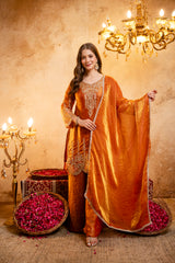 Women’s Embroidered Straight Kurta with Ghaghra Palazzo & Dupatta Set