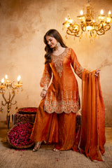 Women’s Embroidered Straight Kurta with Ghaghra Palazzo & Dupatta Set