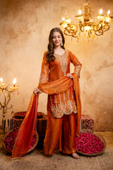 Women’s Embroidered Straight Kurta with Ghaghra Palazzo & Dupatta Set