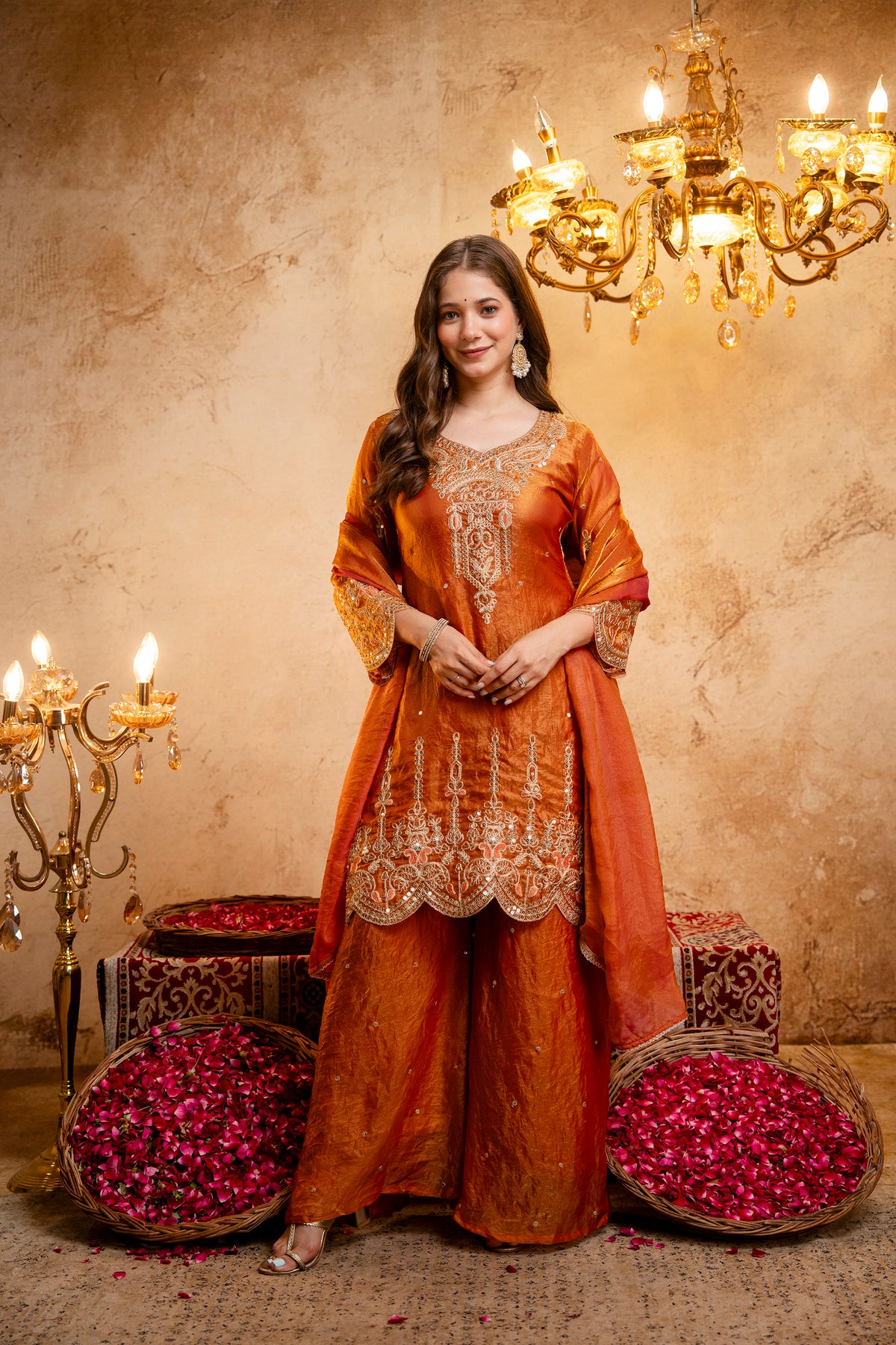 Women’s Embroidered Straight Kurta with Ghaghra Palazzo & Dupatta Set