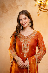 Women’s Embroidered Straight Kurta with Ghaghra Palazzo & Dupatta Set