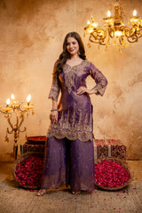 Women’s Embroidered Straight Kurta with Ghaghra Palazzo & Dupatta Set