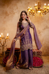 Women’s Embroidered Straight Kurta with Ghaghra Palazzo & Dupatta Set