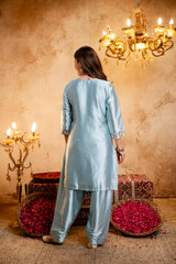 Women's Firoji Embroidered Straight Kurti with Punjabi Salwar & Dupatta Set