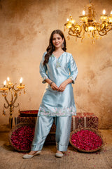 Women's Firoji Embroidered Straight Kurti with Punjabi Salwar & Dupatta Set
