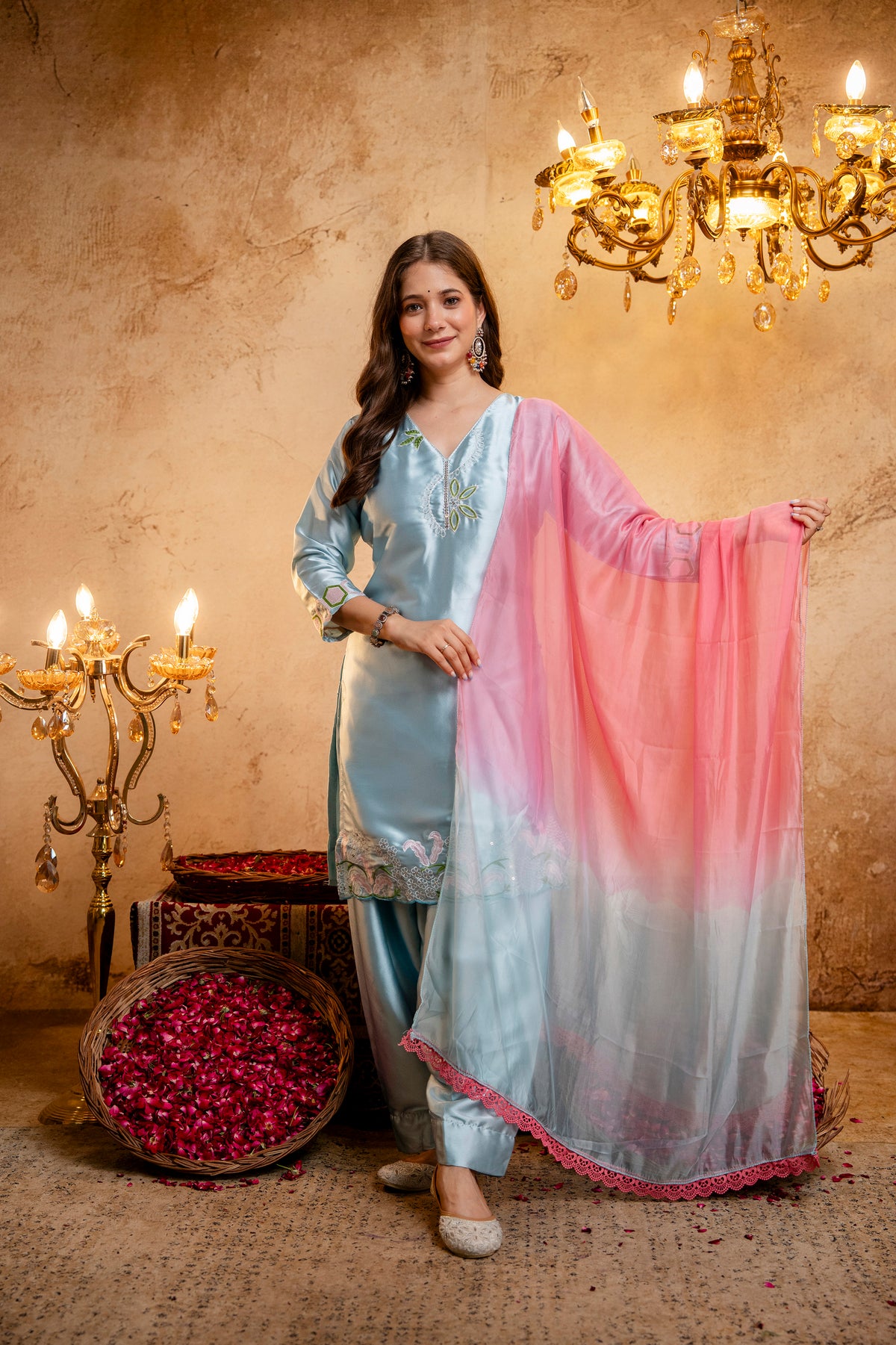 Women's Firoji Embroidered Straight Kurti with Punjabi Salwar & Dupatta Set