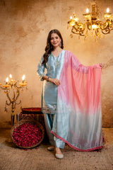 Women's Firoji Embroidered Straight Kurti with Punjabi Salwar & Dupatta Set