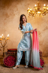 Women's Firoji Embroidered Straight Kurti with Punjabi Salwar & Dupatta Set