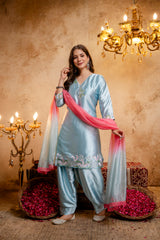 Women's Firoji Embroidered Straight Kurti with Punjabi Salwar & Dupatta Set