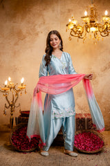 Women's Firoji Embroidered Straight Kurti with Punjabi Salwar & Dupatta Set