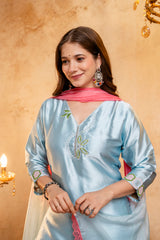 Women's Firoji Embroidered Straight Kurti with Punjabi Salwar & Dupatta Set
