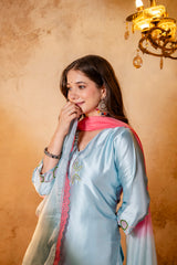 Women's Firoji Embroidered Straight Kurti with Punjabi Salwar & Dupatta Set