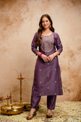Women’s Chanderi Viscose Zari Work Kurti Pant Set with Chinon Dupatta