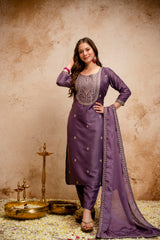 Women’s Chanderi Viscose Zari Work Kurti Pant Set with Chinon Dupatta