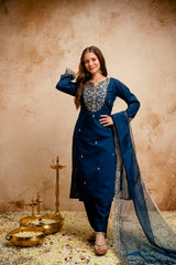 Amorina Women’s Embroidered Chanderi Silk Kurta Set with Organza Dupatta