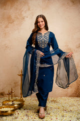 Amorina Women’s Embroidered Chanderi Silk Kurta Set with Organza Dupatta