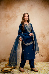 Amorina Women’s Embroidered Chanderi Silk Kurta Set with Organza Dupatta