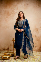 Amorina Women’s Embroidered Chanderi Silk Kurta Set with Organza Dupatta