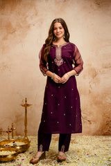 Women’s Wine Embroidered Chanderi Kurta Bottom Set with Printed Jacquard Butti Dupatta