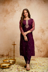Women’s Wine Embroidered Chanderi Kurta Bottom Set with Printed Jacquard Butti Dupatta