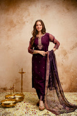 Women’s Wine Embroidered Chanderi Kurta Bottom Set with Printed Jacquard Butti Dupatta