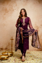 Women’s Wine Embroidered Chanderi Kurta Bottom Set with Printed Jacquard Butti Dupatta