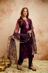 Women’s Wine Embroidered Chanderi Kurta Bottom Set with Printed Jacquard Butti Dupatta