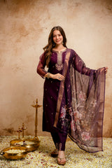 Women’s Wine Embroidered Chanderi Kurta Bottom Set with Printed Jacquard Butti Dupatta