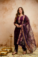 Women’s Wine Embroidered Chanderi Kurta Bottom Set with Printed Jacquard Butti Dupatta