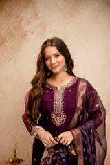 Women’s Wine Embroidered Chanderi Kurta Bottom Set with Printed Jacquard Butti Dupatta