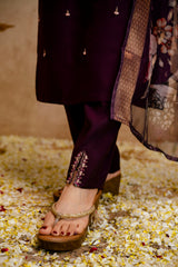 Women’s Wine Embroidered Chanderi Kurta Bottom Set with Printed Jacquard Butti Dupatta