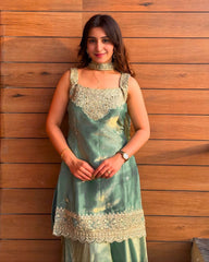 Women's Chinon Embroidered Kurta Sharara Set with Dupatta
