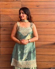 Women’s Embroidered Fendy Kurta Sharara Set with Dupatta – Firozi, Maroon, Rani Pink & Wine