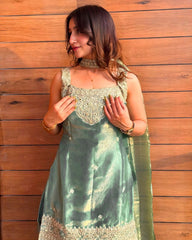 Women's Chinon Embroidered Kurta Sharara Set with Dupatta
