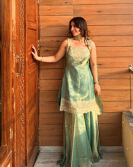 Women's Chinon Embroidered Kurta Sharara Set with Dupatta