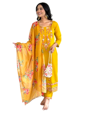 Women’s Yellow Embroidered D Chinon Kurti Pant Dupatta Set with Printed Tebby Silk Dupatta