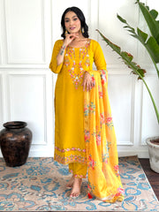 Women’s Yellow Embroidered D Chinon Kurti Pant Dupatta Set with Printed Tebby Silk Dupatta
