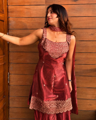 Women’s Embroidered Fendy Kurta Sharara Set with Dupatta – Firozi, Maroon, Rani Pink & Wine