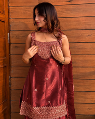 Women’s Embroidered Fendy Kurta Sharara Set with Dupatta – Firozi, Maroon, Rani Pink & Wine
